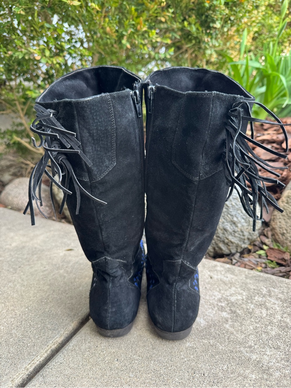 Black Suede Knee Boots w Blue Pink leather Embroidery boho cowgirl western 7.5 - Picture 3 of 10
